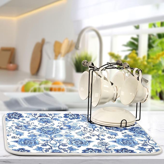 Blue White Porcelain Peony Dish Drying Mat for Kitchen Countertop 18x24 Rectangle Large Drying Mat Reusable Quick Dry Dish Sink Absorbent Mats Dishwasher Easy Clean Decorative Home Decor Essentials