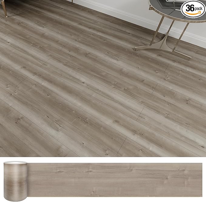 Lareko 54 Sq.Ft,Wood Peel and Stick Floor Tiles,36 Pack Grey Vinyl Flooring (No Adhesive Residue) 36"×6" Waterproof and Non-Slip Laminate Flooring for Renters Bathroom, Living Room (Winter）