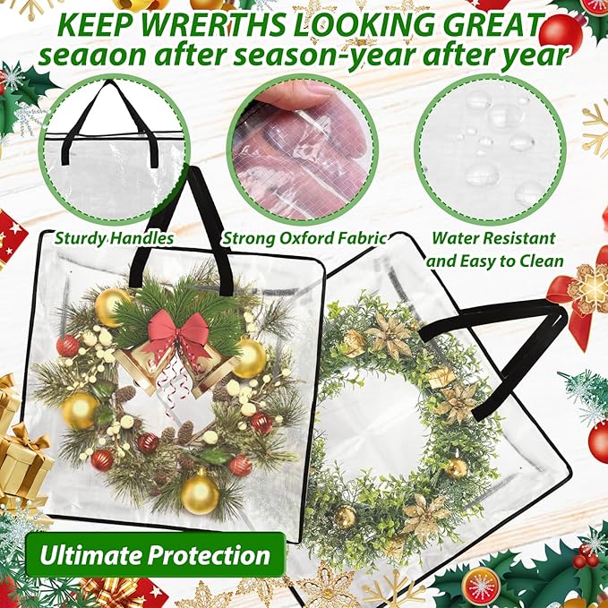 8 Pack Wreath Storage Container 24 Inch, Wreath Storage Bag, Clear Plastic Wreath Storage Container with Sturdy Handles for Xmas Holiday Wreaths, Pillow & Blanket