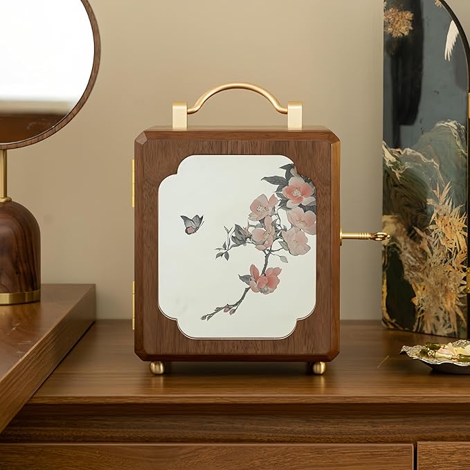 KINTNESS Wooden Jewelry Box With Key, 4 Layers Lockable Handheld Single Door Mirror-Flower Jewelry Box For Women Girls, Walnut Texture for Bracelet, Necklace, Ring