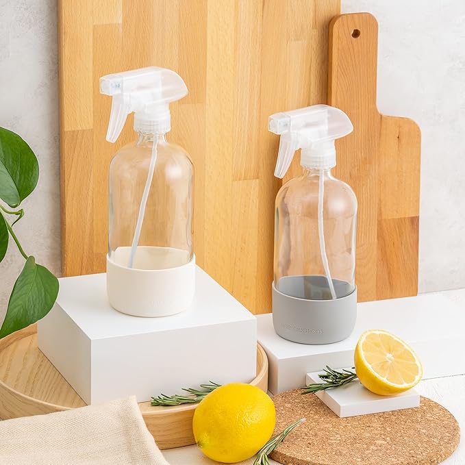 Vine Creations Glass Spray Bottles for Cleaning Solutions, Clear Glass Spray Bottle with Silicone Sleeve, 16 oz Empty Spray Bottles for Cleaning, Plant Spray Bottle, Mist and Stream Nozzle - 2 Pack