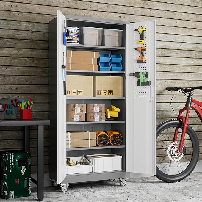 71" Metal Storage Cabinet with Wheels and Pegboard, Lockable Rolling Steel Storage Cabinet with 5 Adjustable Shelves and Door for Garage, Office, Kitchen, Assembly Required（Grey and White）