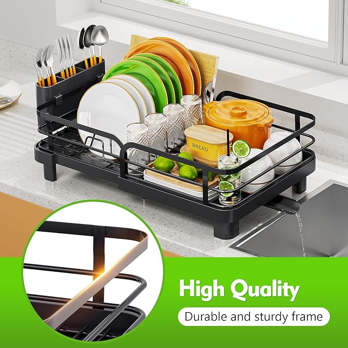 TOOLF Expandable Dish Rack, Dish Drying Rack for Kitchen Counter, Foldable Dish Dryer Rack, Stainless Steel Dish Drainer Racks with Cutlery Holder, Collapsible Dish Drying Racks Standard Size,Black