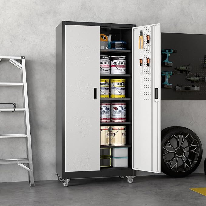 71" H×34" W×18" D Garage Storage Cabinet with Wheels, Lockable Metal Storage Cabinet with 5 Adjustable Shelves for Garage Warehouse Office Utility Room,Required Assembly,Black and Silver