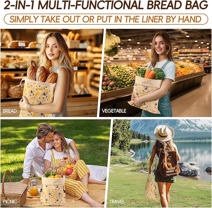 Zackoo Beeswax Bread Bags for Homemade Bread (2 Pack), Sourdough Bread Bag with Removable Beeswax Lining for Keeping Fresh, Reusable Food Storage Bag
