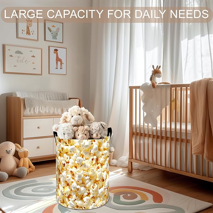 Popcorn Laundry Basket Hamper 19.7"x15.8", Fun Food Foldable Waterproof Oxford Clothes Storage Bucket for Room Bathroom Bedroom Nursery Decor, Toy Organizer Bins Gifts for Kids Boys Girls
