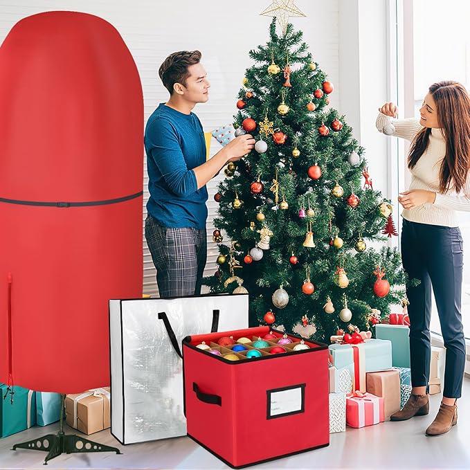 SATINIOR 6 Pcs Upright Christmas Tree Storage Bag Set 9 Ft Christmas Tree Storage Bag 26" Xmas Wreath Containers 11.8" Ornament Bags with Dividers Hold 64 Balls for Artificial Trees Garland(Red)