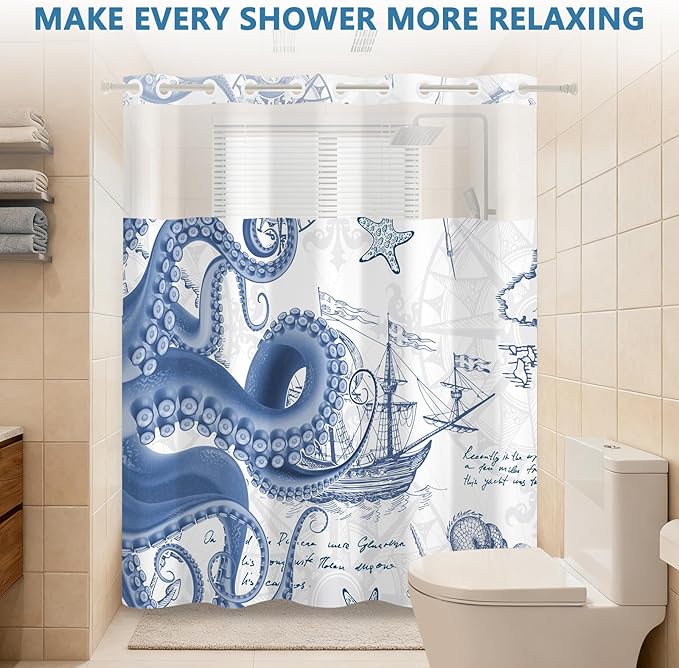 No Hook Shower Curtain and Liner Set, Nautical Navy Blue Shower Curtain with Translucent Window, Double-Layer Waterproof Bathroom Shower Fabric Curtains, Retro Coastal Octopus Pattern, 71x74 Inches