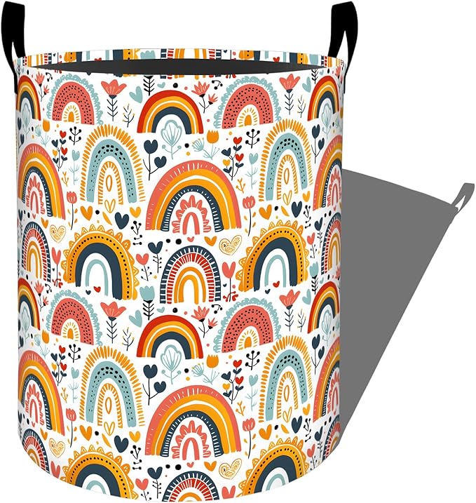 Colorful Rainbow with Floral and Heart Laundry Basket with Handles, 19.7"x15.7" Clothes Foldable Cartoon Laundry Hamper Organizer for Dorm Nursery Bedroom Bathroom Decor, Toy Storage Bin for Kids