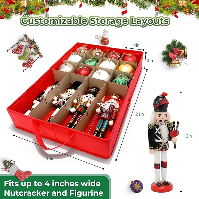 WDZREE Large Christmas Ornament Storage Box, Stores Up to 72-4" Ornaments Balls, 3 Individual Trays with Adjustable, Christmas Container Perfect for Holiday Decorations, 600D Oxford Fabric Tear-Proof