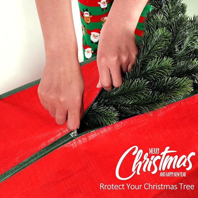 HABGP 9 ft Large Christmas Tree Storage, Stores 9 Foot Artificial Xmas Trees, Sturdy Plastic Waterproof Christmas Holiday Tree Bag For Storage Box with Strong Handles & Zipper, Red