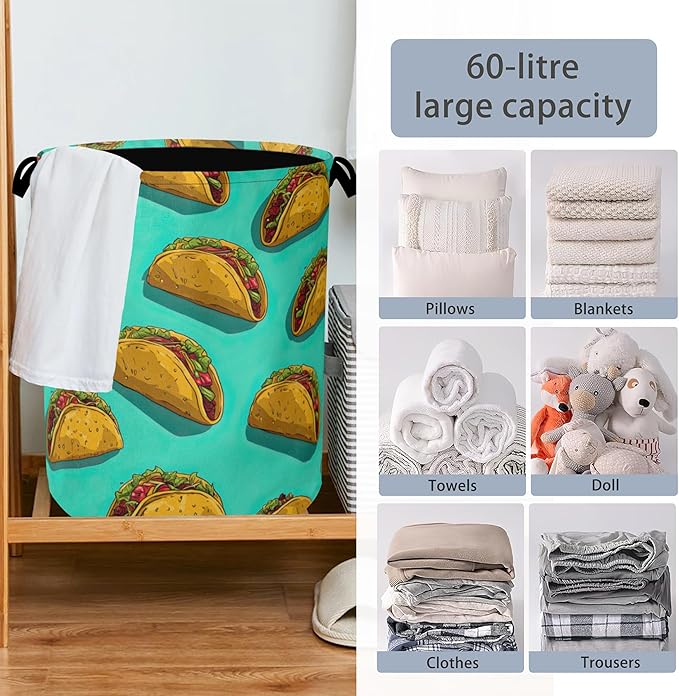 Mexican Taco Laundry Hamper,Dirty Clothes Laundry Basket with Handles Waterproof Oxford Cloth Storage Basket for College Dorms Bathroom Bedroom 16" x 20.8"