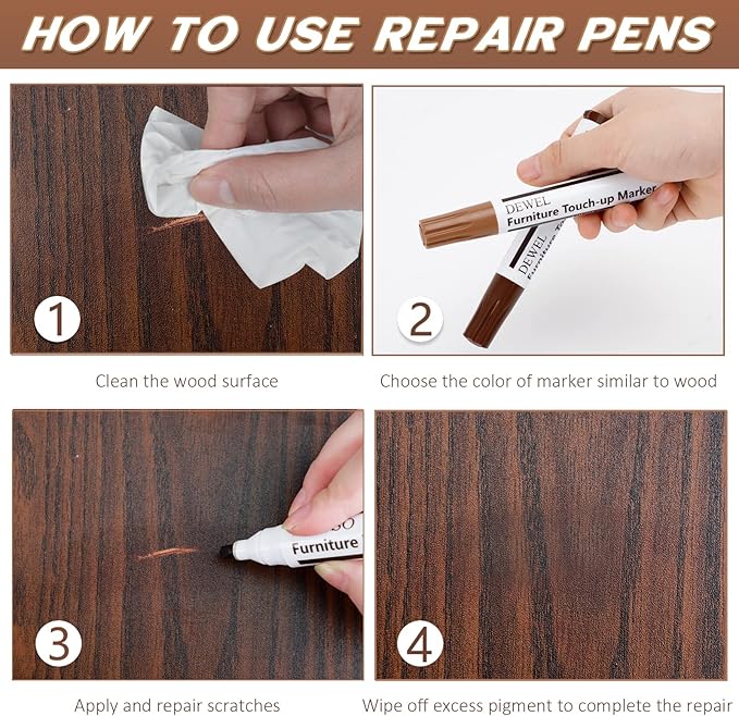 DEWEL Premium Furniture Touch Up Markers, 12 Colors Wood Scratch Repair Markers Kit, Perfect Wood Markers Pens for Scratches, Stains, Wood Floors, Tables, Bedposts