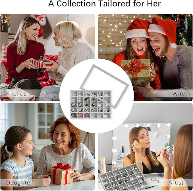 Wudygirl Jewelry Organizer Velvet Jewelry Tray with Lid Earring Holder Organizer Drawer Insert 30 Gird Earring Tray Ring Storage for Women Adjustable (Gray)