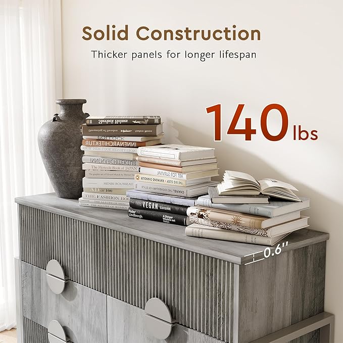 Fluted Dresser for Bedroom with 8 Drawers, 50" Wide Chest of Drawers with Raised H Legs and Curved Profile Design, Wood Closet Clothes Storage Organizer for Bedroom, Hallway, Grey