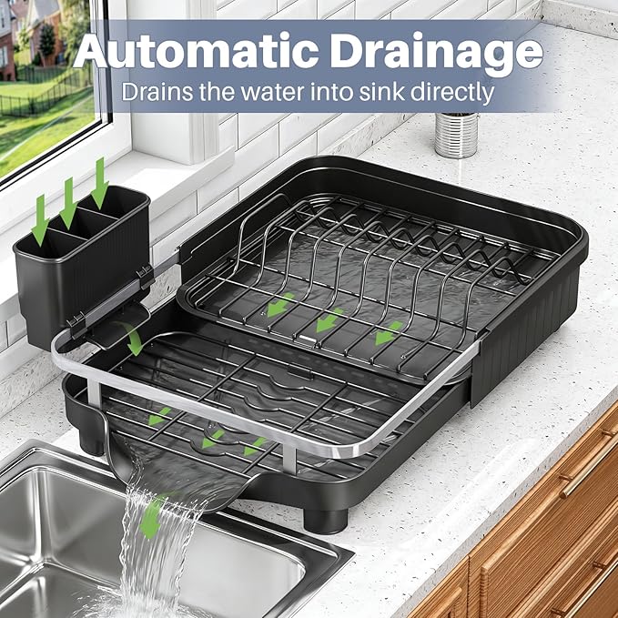 Kmiectse Dish Drying Rack – Expandable Dish Rack for Kitchen Counter, Stainless Steel Dish Drainer with Utensil Holder, Black