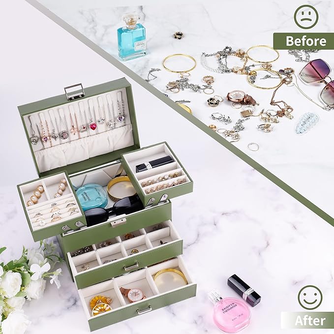Dajasan Jewelry Organizer Box for Women Girls, Jewelry Holder Organizer, 4 Layers Leather Jewelry Box, Gift Idea for Valentine's Day, Christmas, New Year, Birthdays (Green)