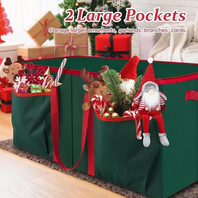 Christmas Ornament Storage Box, Holds Up to 128 Ornaments with Adjustable Dividers, Large & Sturdy Holiday Decoration Ornament Organizer Storage Bin with Zipper and Handles, Green