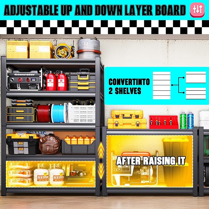 PKDYEZ Garage Shelving 5-Tier Adjustable Metal Garage Shelves Heavy Duty Unit,3000 LBS Steel Shelf Storage Rack Suitable for Industries,Warehouses,Basement,Black(Wood-72'H x 45.7''W x 19.7''D)