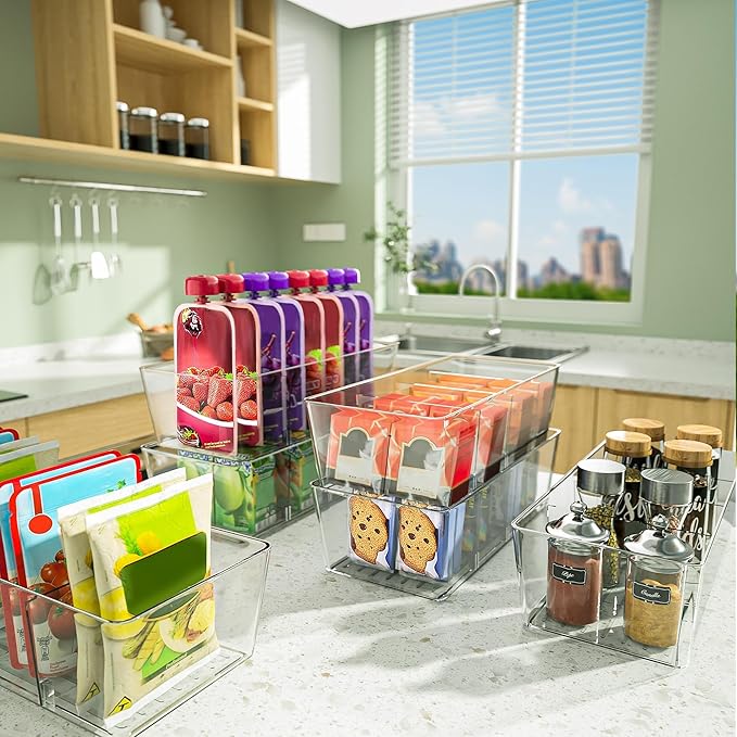 BALEINE Clear Plastic Storage Bins with 3 Removable Dividers, Pantry Organization, BPA Free Stackable Refrigerator Organizers and Storage for Kitchen Fridge Cabinet Bathroom (10.5x6.1x3.5, 4PK)