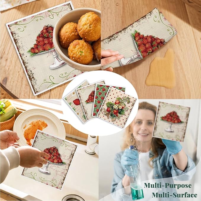 LARTSFRO Swedish Dishcloths for Kitchen, Papaya Reusable Paper Towels Washable, Vintage Strawberries Swedish DishCloths for Friut, 4 Pack Dish Towels for Kitchen