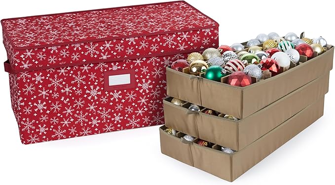 Covermates Keepsakes Adjustable Ornament Storage Box – Heavy-Duty Polyester, Padded Dividers & FlexGrid Trays – Protective Holiday Organizer with Stackable Walls & Label Window, Red Snowflake