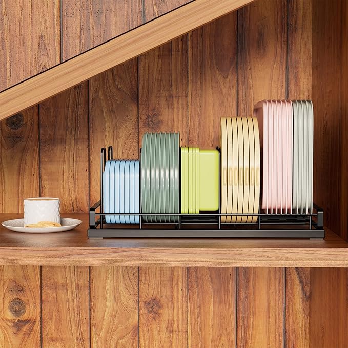 GAGUIUP Food Container Lid Organizer, Adjustable 6 Dividers Full-Metal Pot and Pan Organizer Rack for Kitchen Cabinets, Drawers, Cupboards, Pantry Shelves Storage, Black