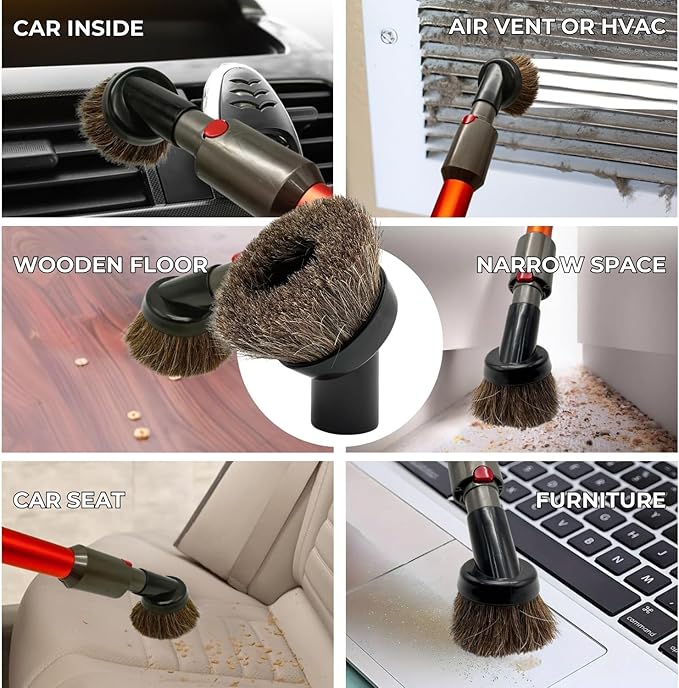 GHAMADE Vacuum Attachments & Brushes for Dyson V7 V8 V10 V11 V15 Gen5: Flexibible Crevice Tool, Horsehair Vacuum Attachment, Traceless Dust Brush (Home, Car Detailing & Corner Cleaning Set)