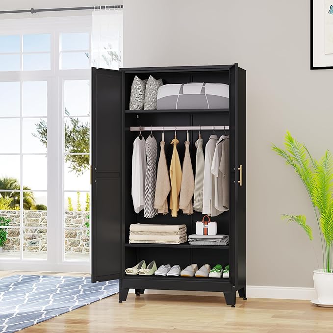 71 "Metal Armoire Wardrobe Closet, Steel Clothing Storage Cabinet with Adjustable Shelves and Hanging Rod, Household Steel Wardrobe Storage Cabinet with Adjustable Standing feet（Black）