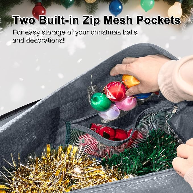 Christmas Tree Storage Bag 9ft, Heavy Duty Artificial Xmas Bag with Reinforced Handles, Dual Zippers Wide Opening, Two Mesh Pockets, PE Large Storage Container for Decorations Trees (Grey)