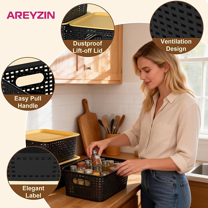 AREYZIN Small Plastic Storage Bins with Lids, 6-Pack Stackable Pantry Organizers and Storage Containers for Shelves, Closet Organization, Drawer Organizer Bins, Black & yellow lids