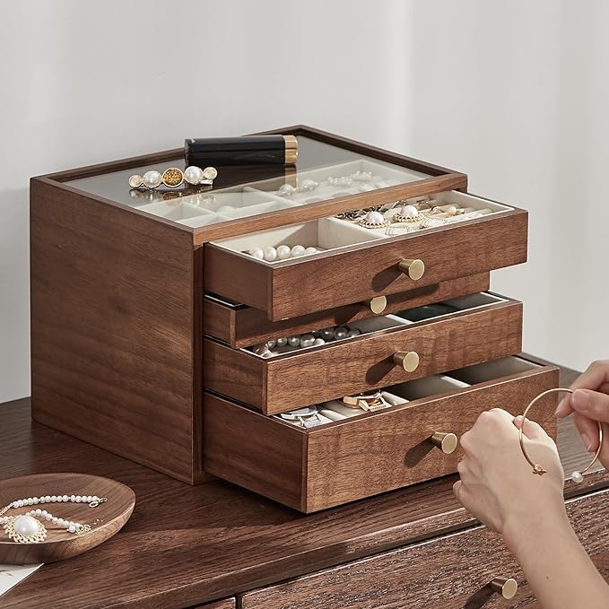 Homruilink Black Walnut Wooden Jewelry Box for Women large 4 Layer Drawer Organizer Box with Glass Lid for Necklaces, Watch, Necklace, Ring, Earring Storage - Valentine's Day Gifts