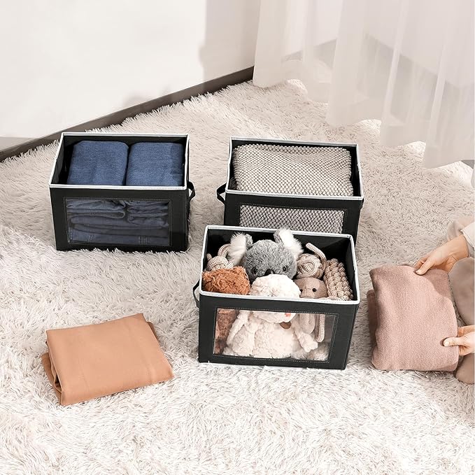 Cube Storage Bins with Lids, Clear Window Storage Baskets for Organizing, Fabric Organizer Bins with Handle, Cloth Storage Bins for Shelves, Closet, Clothes, Towels, 4 Packs, Black