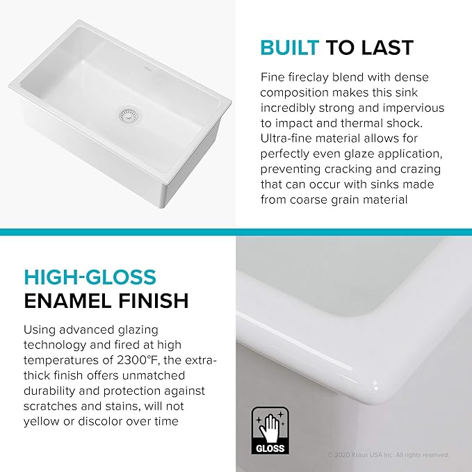 KRAUS Turino™ 30” Drop-In Undermount Fireclay Single Bowl Kitchen Sink with Thick Mounting Deck in Gloss White, KFD1-30GWH