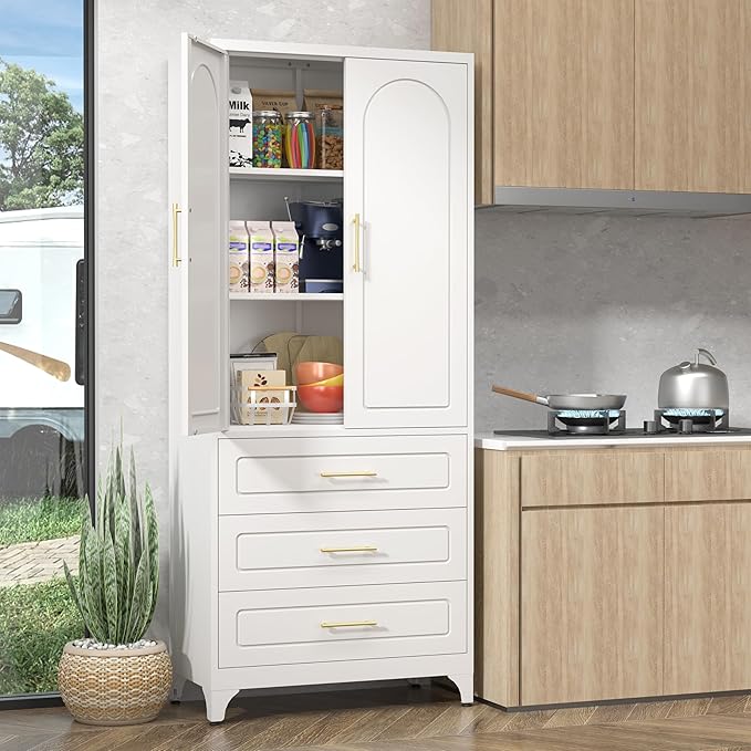 Pantry Kitchen Cabinet with Drawer, 75" Tall Pantry Storage Cabinet, Metal Storage Cabinets with Doors and Shelves, Large Freestanding Cupboard for Dining Room, Assembly Required, White