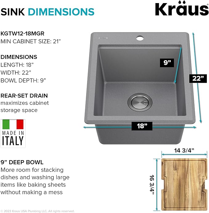 KRAUS Bellucci 18-inch Granite Workstation Drop In Top Mount Single Bowl Kitchen Sink in Metallic Grey with Accessories, KGTW12-18MGR
