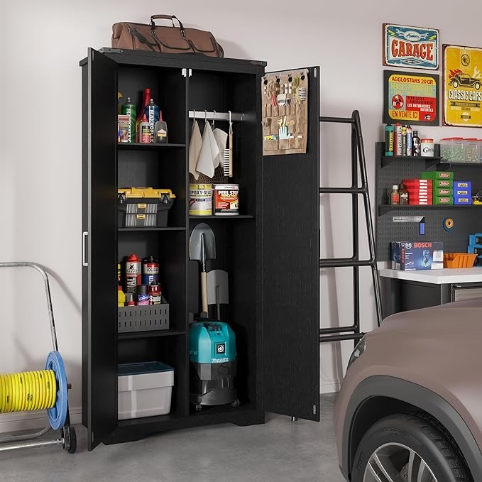 Black Farmhouse Storage Cabinet with Adjustable Shelves, Large Pantry Organize with 2 Barn Doors, Tall Freestanding Cabinet for Kitchen, Bathroom, Garage, Basement, Living, Utility Room