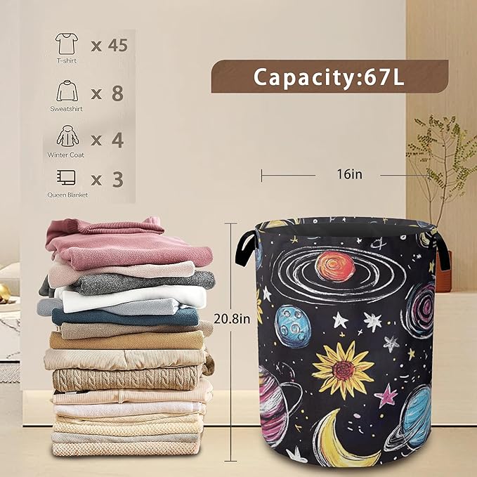 Stars Planets Collapsible Laundry Baskets,Moon Sun Laundry Hamper,Storage Basket with Handles for Bathroom Bedroom College Dormitory Living Room Nursery Organizer 16"x20"