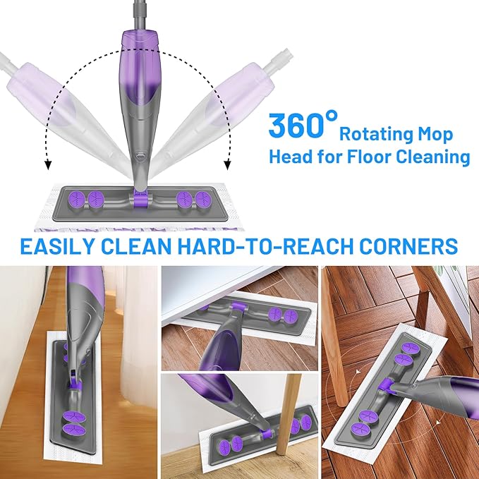 IOPRETTY Spray Mops for Floor Cleaning - Wet Dry Mops with 6 Disposable Pads for Swiffer Powermop - Refillable Bottle for Hardwood Tile Home Kitchen - Absorbs Pet Hair Dust Stains