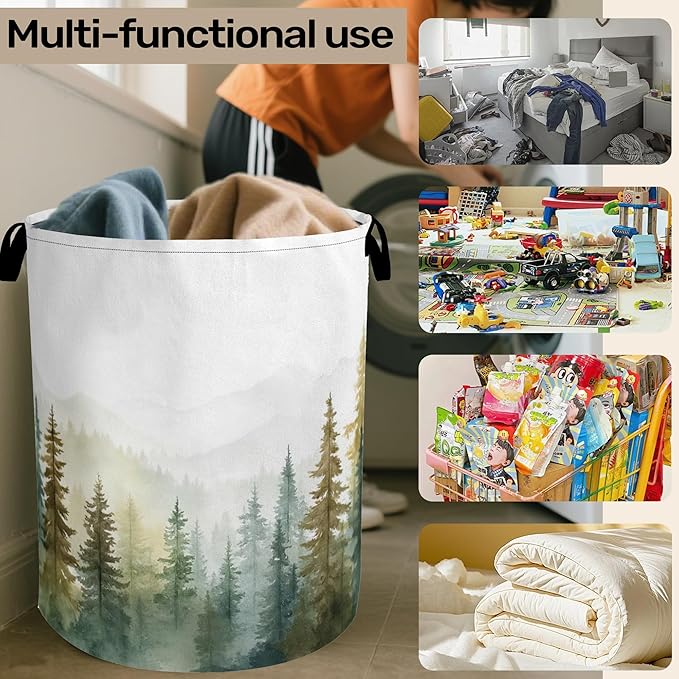 Misty Forest Green Foldable Laundry Hamper - Waterproof Fabric Storage Basket with Handles, Clothes Hampers for Laundry,Bedroom,Dorm