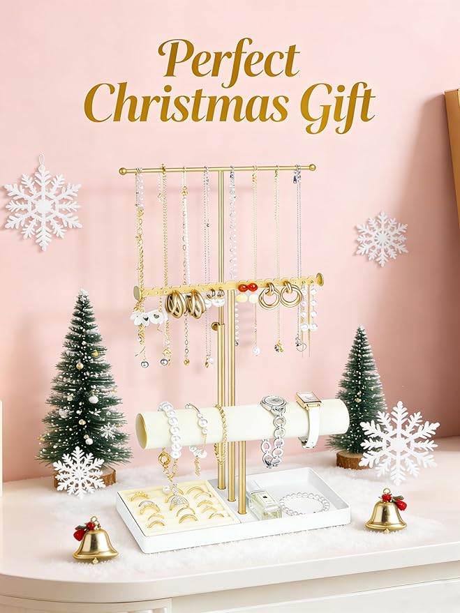 Jenseits 3-Tier Jewelry Holder Organizer:17.1" Adjustable Hanger, Velvet Ring Tray, Metal Aesthetic Display Stand for Necklaces, Earrings, Bracelets, Watches, Gold Jewelry Storage Tower Tree for Women