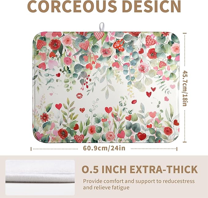 Wnoesat Valentine Dish Drying Mat for Kitchen Counter 18x24 Inch Valentines Love Heart Rose Eucalyptus Leaf Dishes Drying Pad Microfiber Absorbent Dish Draining Mat Washable Dish Drainer Mats