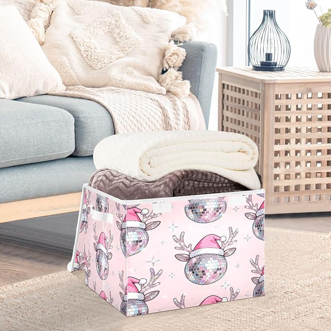 Christmas Disco Ball Reindeer Storage Bins with Lids Foldable Storage Basket with Handles Collapsible Large Fabric Organizer Containers for Clothes Shelves Closet Office Home
