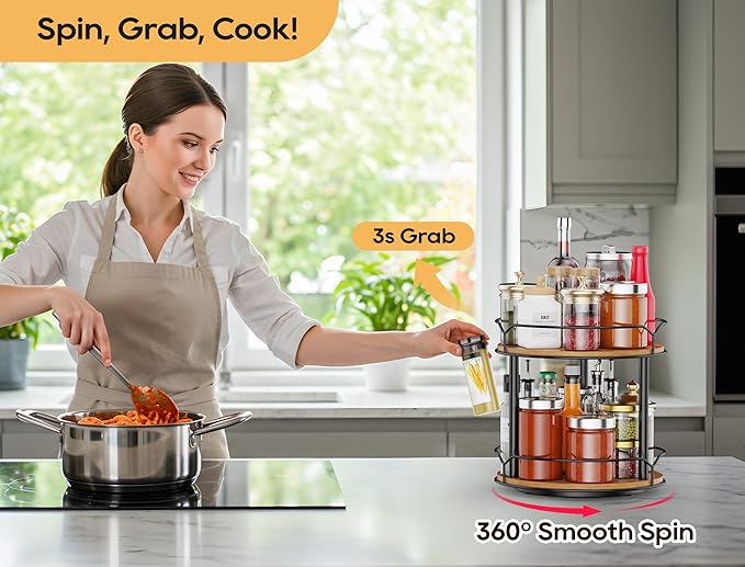 MUTUALUS Lazy Susan Organizer 2 Tier - Turntable Spice Rack for Table Top, Wooden Rotating Lazy Susan for Cabinet Pantry Kitchen Countertop Dining Table Cupboard Bathroom Vanity Storage