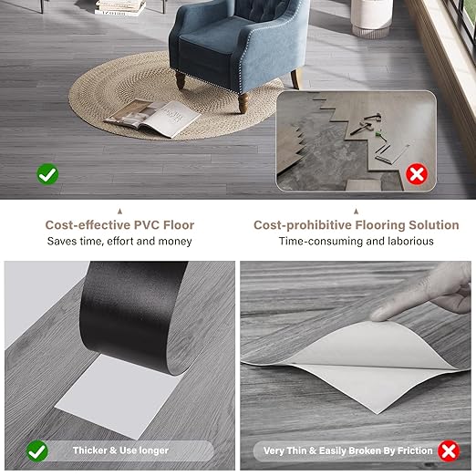 Peel and Stick Floor Tile, INMOZATA Self Adhesive Vinyl Plank Flooring Tile Wood Grain Look 36-Pack 54 Sq.Ft Waterproof Tile Sticker for Bedroom, Living Room, Kitchen, RV(Gray)