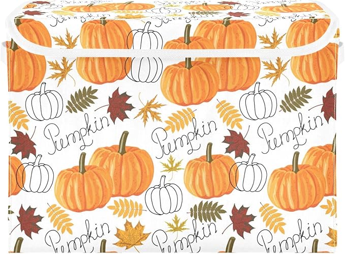 Thanksgiving Baskets Collapsible Storage Bins with Lids, Pumpkin Leaf Fall Autumn Thanksgiving Storage Boxes Clothes Baskets for Organizing