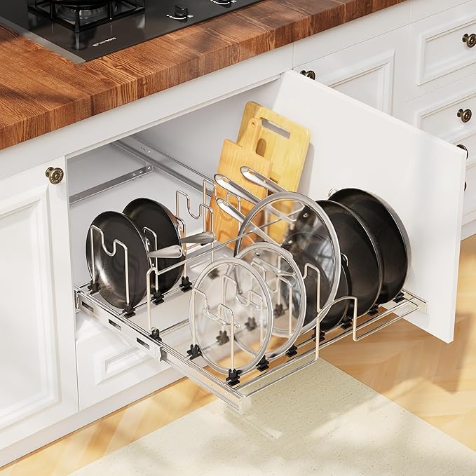 Pull Out Pots and Pans Organizer Under Cabinet, Sliding Adjustable Pot Rack with 15 Adjustable Dividers, Chrome-Plated Pot and Pan Holder Rack, Full-Extension Rail for Kitchen Organization 20" W*22" D
