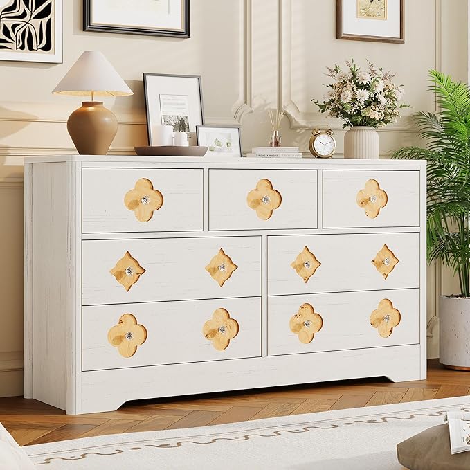 Garvee Dresser for Bedroom with 7 Decorative Front Drawers, 54'' Wide Chest of Drawers with Large Clothes Storage Cabinet, Wood Bedroom Dresser, TV Stand for Nursery, Living Room, Hallway, White