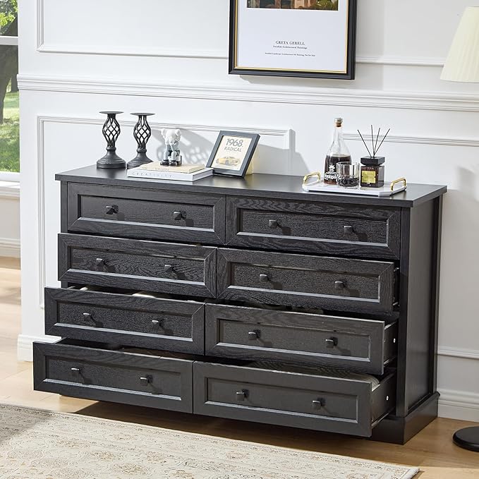 LIDYUK 8-Drawer Black Dresser for Bedroom Farmhouse Dresser Chest of Drawers, 55" Wide Clothes Organizer Wood Chest of Drawers for Bedroom, Living Room