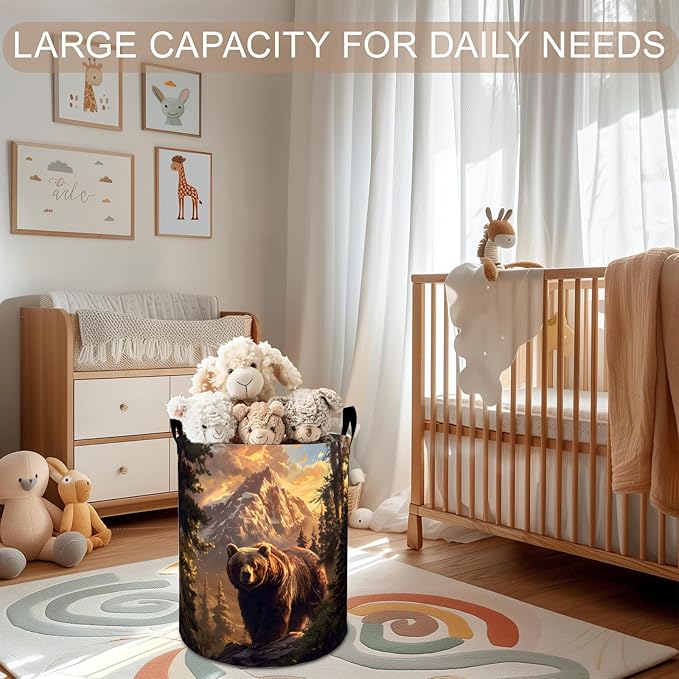 Bear Laundry Basket Hamper 19.7"x15.8", Rustic Wildlife Foldable Waterproof Oxford Clothes Storage Bucket for Room Bathroom Bedroom Nursery Decor, Toy Organizer Bins Gifts for Kids Boys Girls